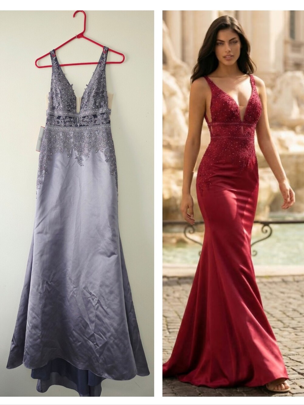 JJ's House Trumpet Mermaid V-Neck Sequins Satin Dress Stormy Dusty Purple Size 2